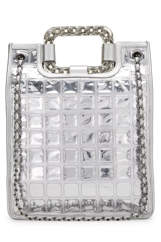 Metallic Silver Quilted Leather Ice Cube Shopping Tote, , large image number 3