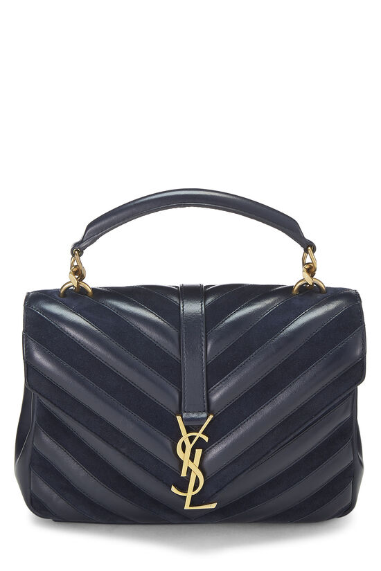 Navy Chevron Leather and Suede College Bag Medium , , large image number 0