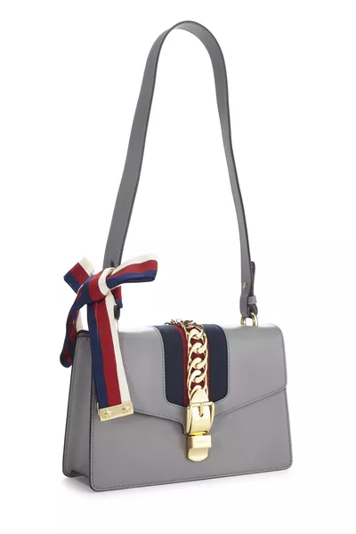 Grey Leather Web Sylvie Shoulder Bag Small, , large