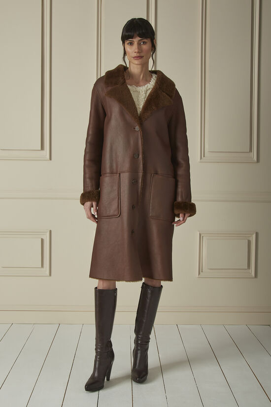 Brown Leather Shearling Coat, , large image number 0
