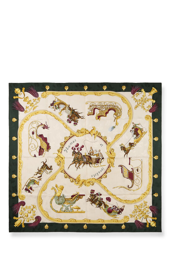 Green & Multicolor 'Plumes et Grelots' Silk Scarf 90, , large image number 0