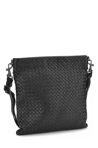 Black Intrecciato Flat Messenger Bag, , large
