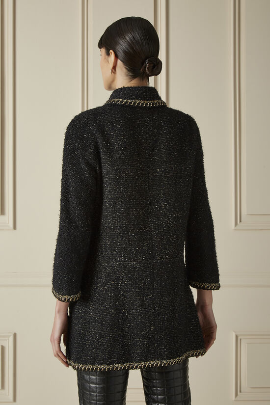 Black Wool Blend Tweed Chain Trim Coat