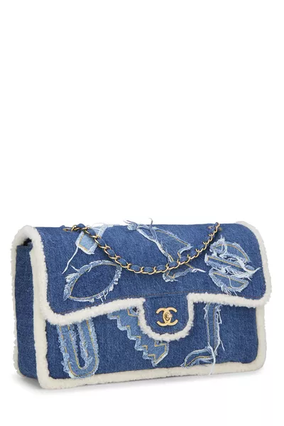 Paris-Egypt Blue Denim & Shearling Hieroglyph Flap Maxi, , large