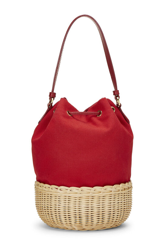 Red Canvas & Wicker Convertible Bucket Bag, , large image number 5