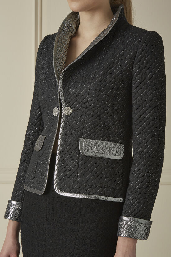 Black Quilted Cotton Metallic Striped Jacket, , large image number 2