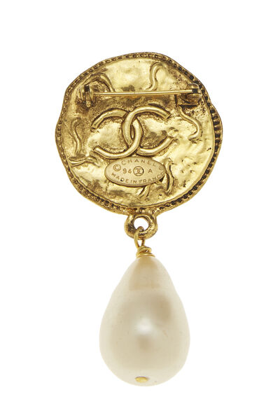 Gold 'CC' Pearl Dangle Pin, , large