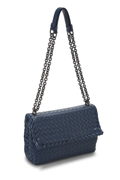 Blue Intrecciato Leather Olimpia Shoulder Bag Small, , large