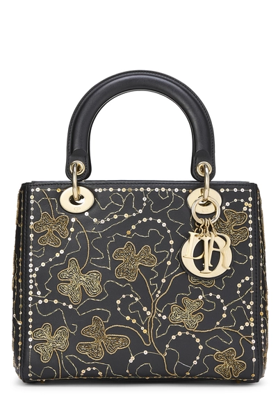 Black Embroidered Clovers Lady Dior Medium