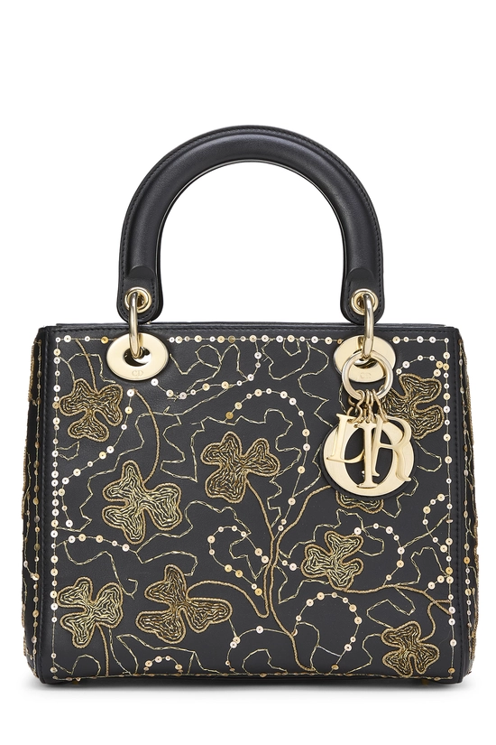 Black Embroidered Clovers Lady Dior Medium, , large image number 0