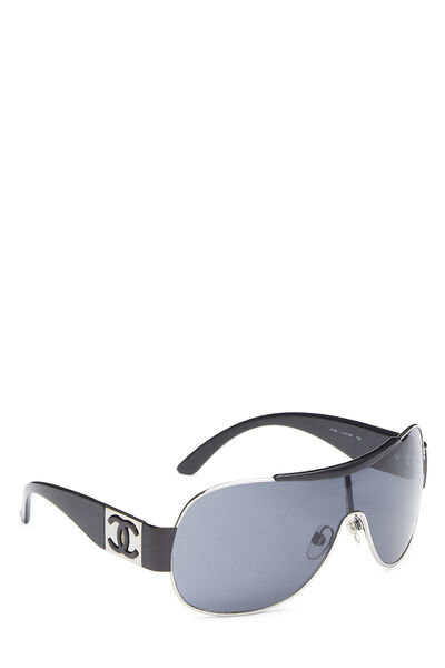 Black Acetate 'CC' Shield Sunglasses, , large