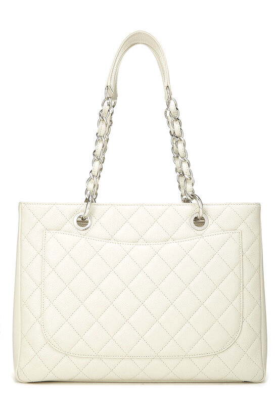 Authentic Chanel White Caviar Leather Quilted Grand Shopper Tote