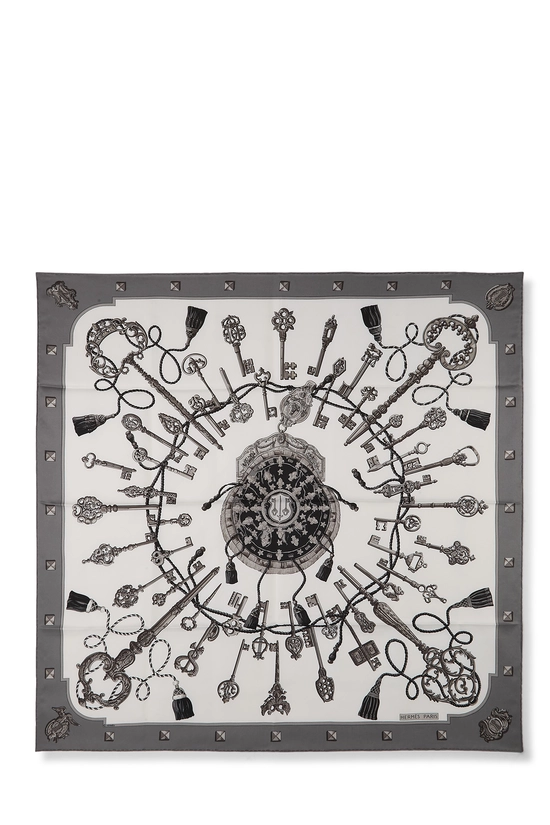 Grey & Multicolor 'Les Cles' Silk Scarf 90, , large image number 0
