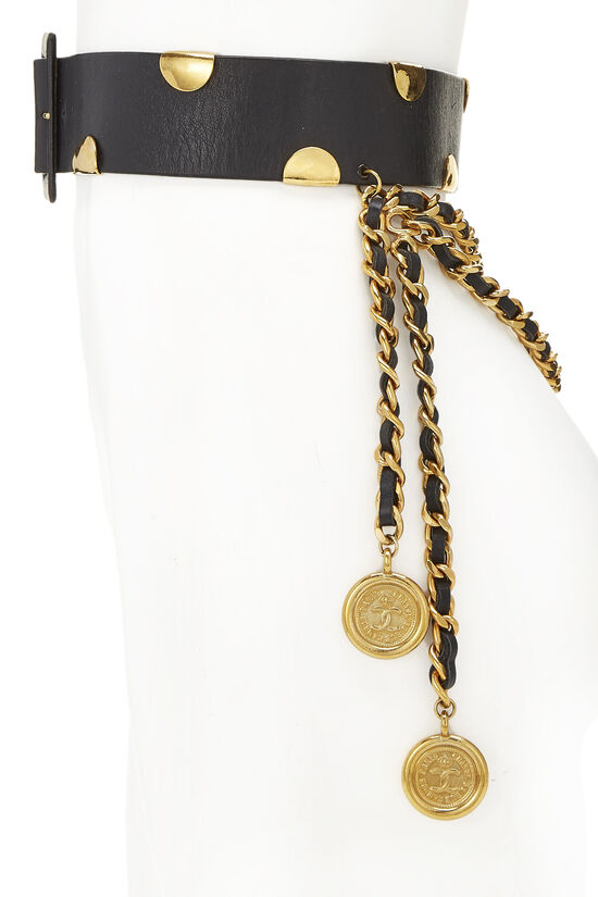 Black Leather Draped Chain Waist Belt, , large image number 2