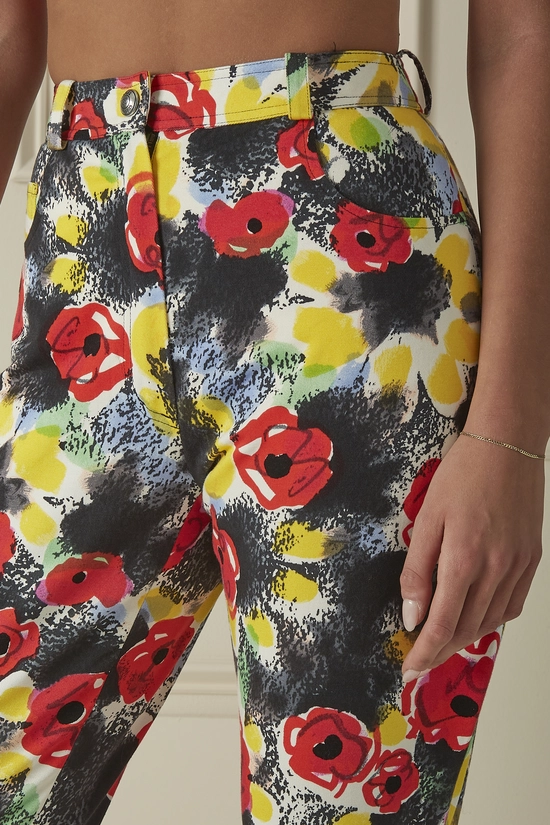 Multicolor Floral Printed Denim High-Waisted Pants, , large image number 2