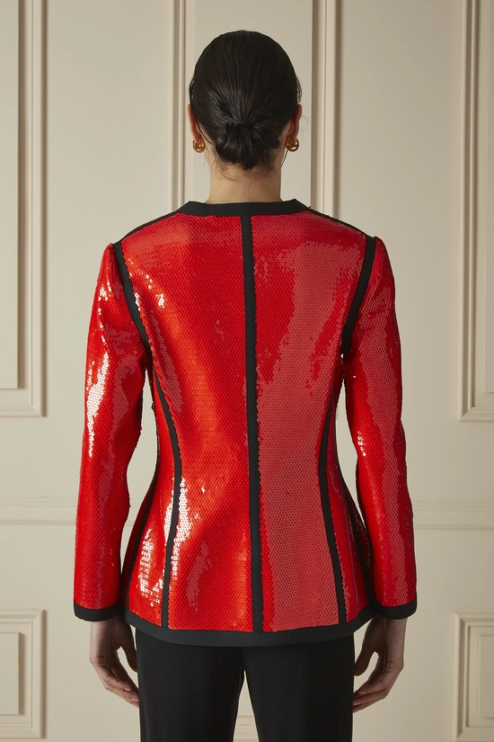 Red Sequined Collarless Zip Blazer, , large image number 1