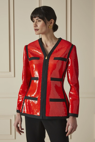 Red Sequined Collarless Zip Blazer