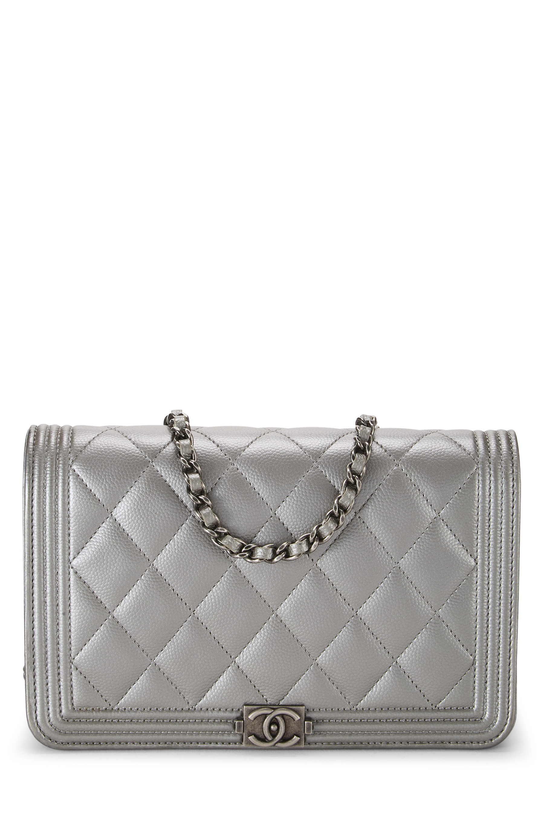 Women's Chanel Silver Caviar Boy Wallet on Chain (WOC) in Silver