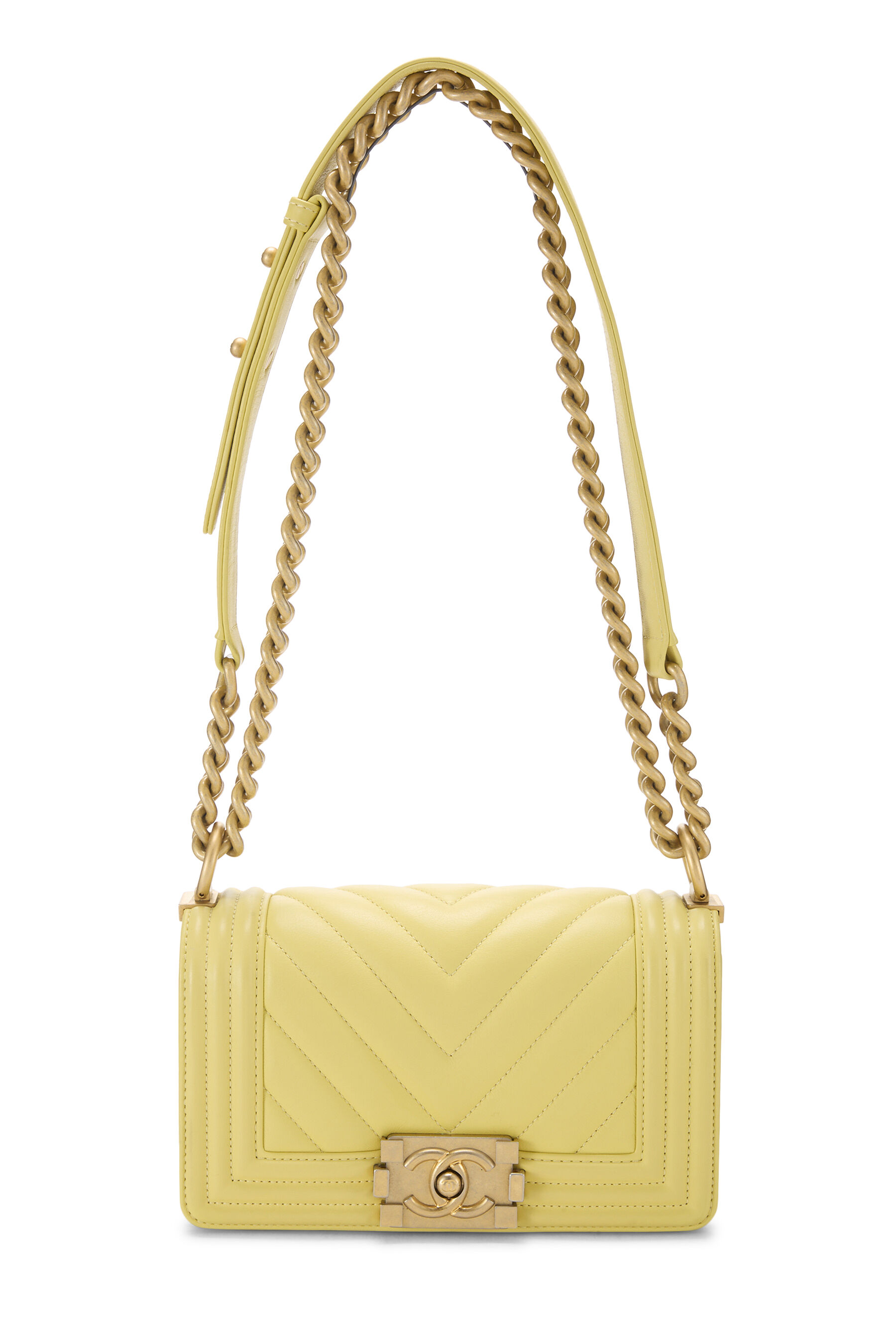 Women's Chanel Yellow Chevron Lambskin Boy Bag Small in Yellow Small