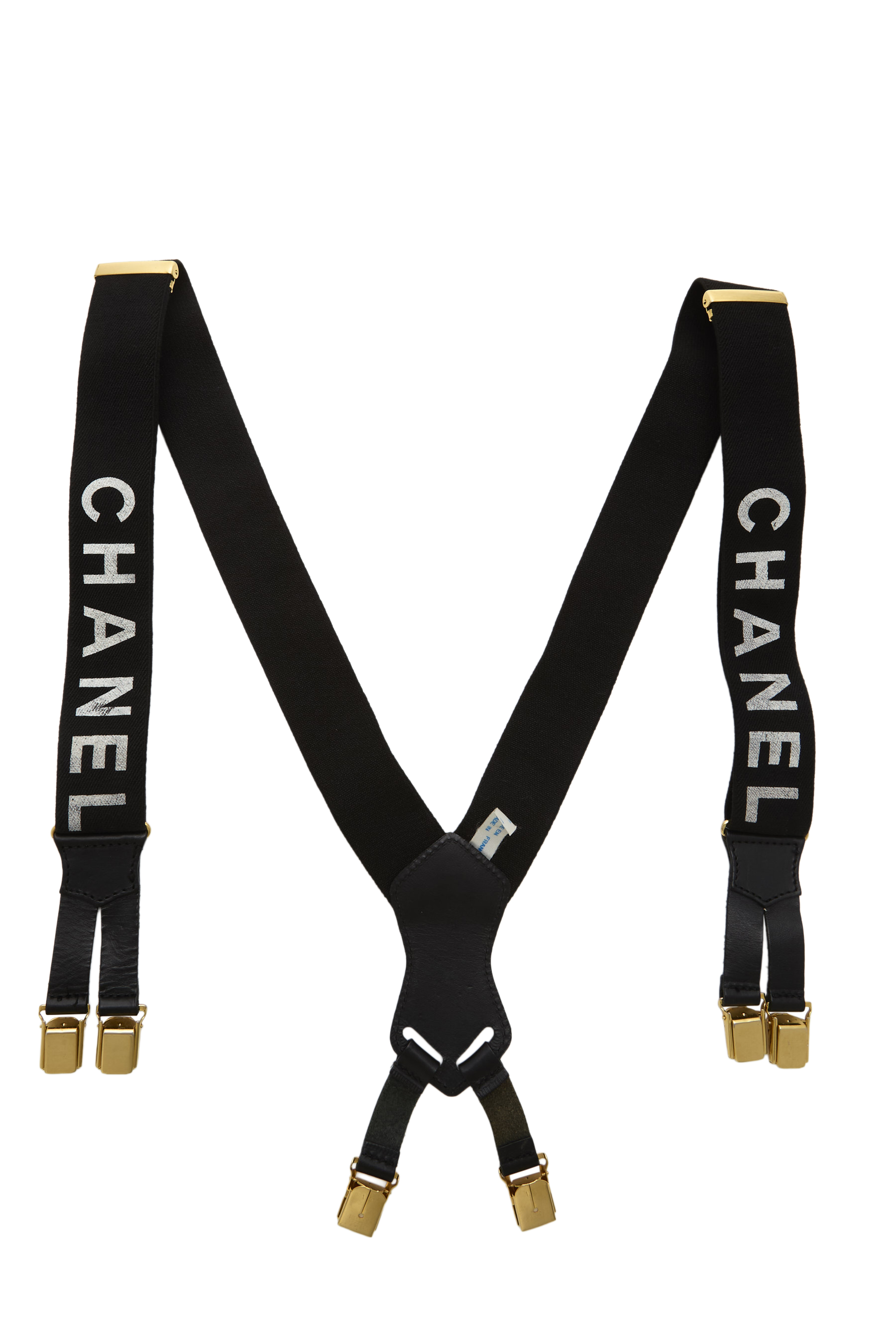 Women's Chanel Black Elastic Logo Suspenders in Black