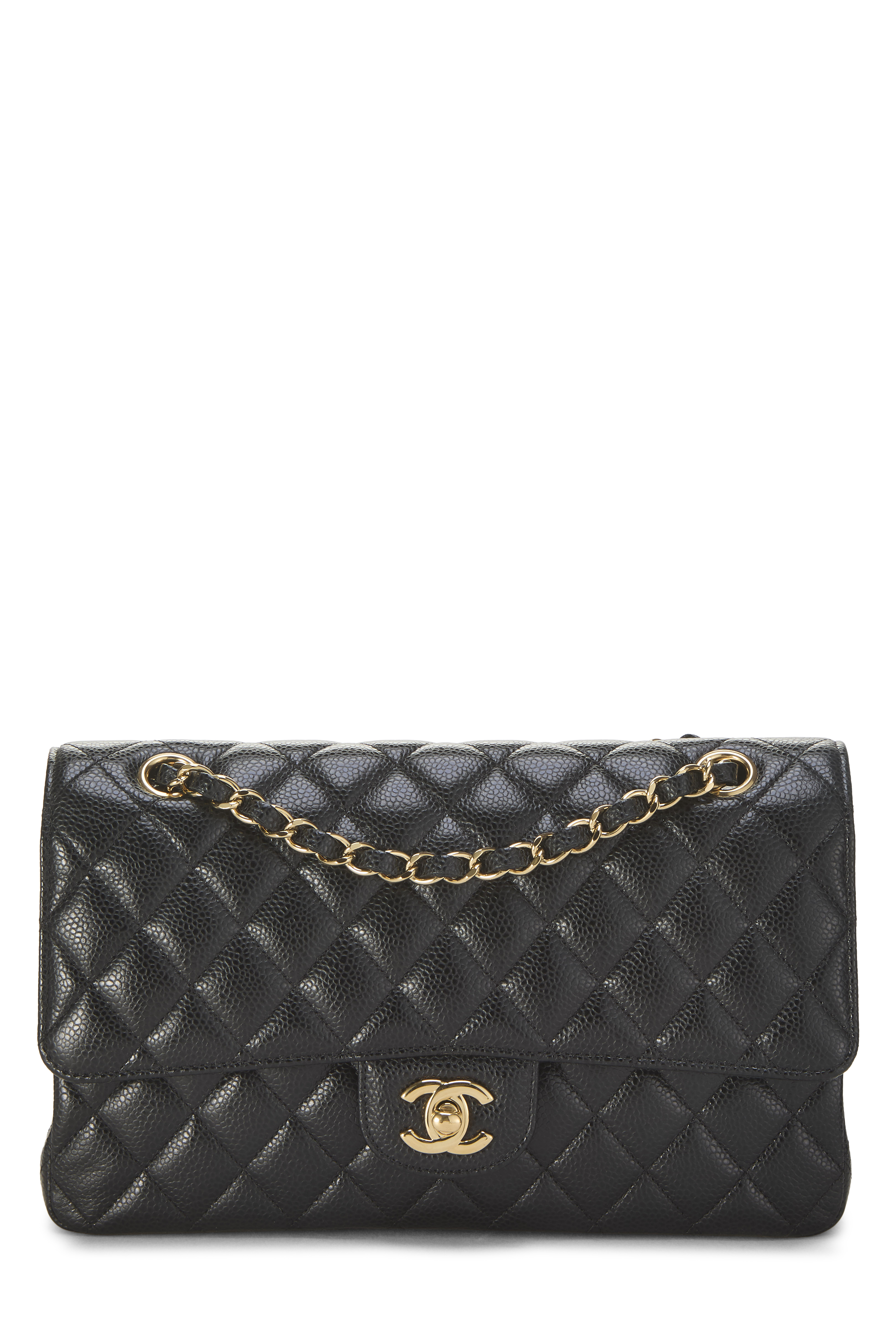 Women's Chanel Black Quilted Caviar Classic Double Flap Medium in Black 10"