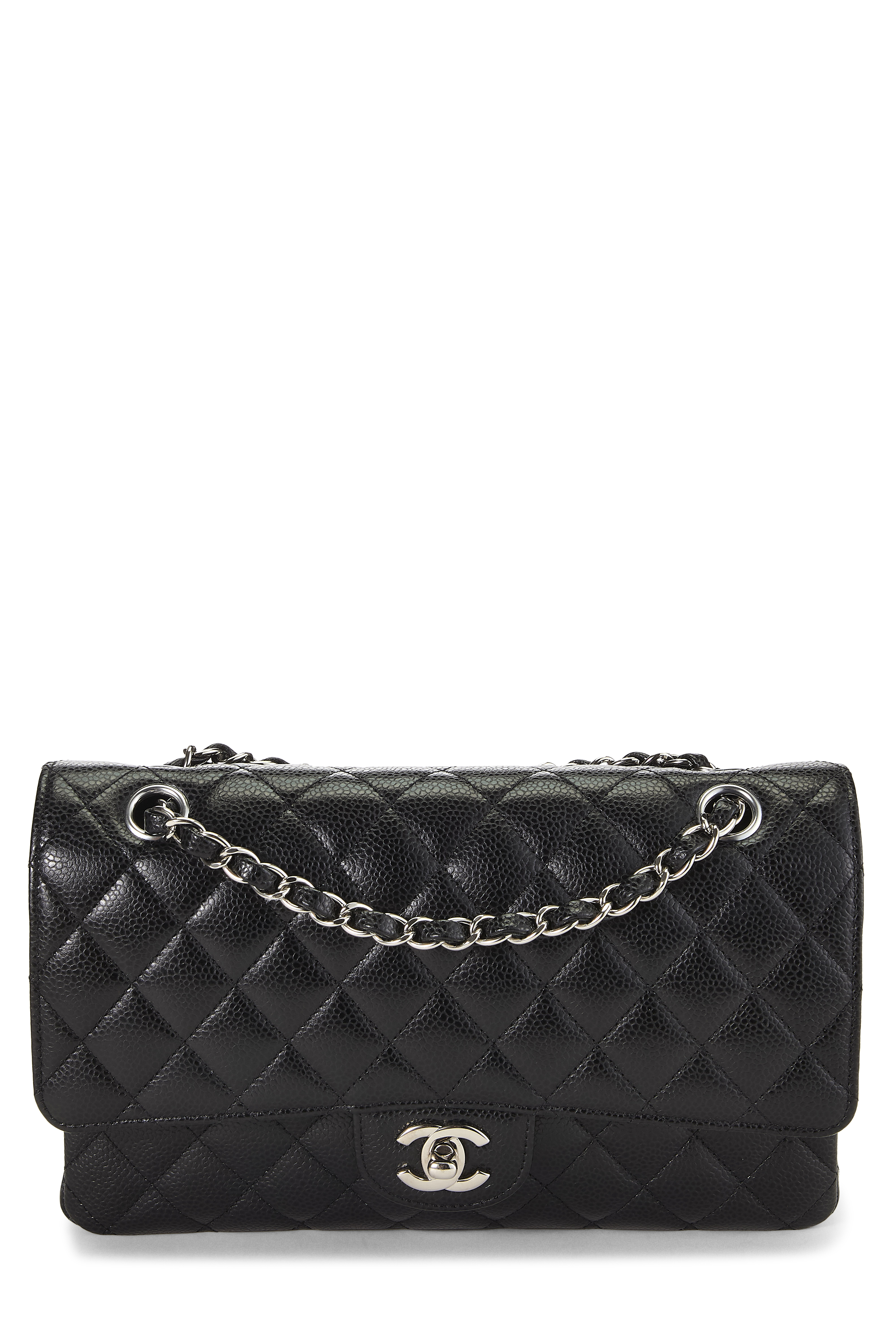 Women's Chanel Black Quilted Caviar Classic Double Flap Medium in Black 10"