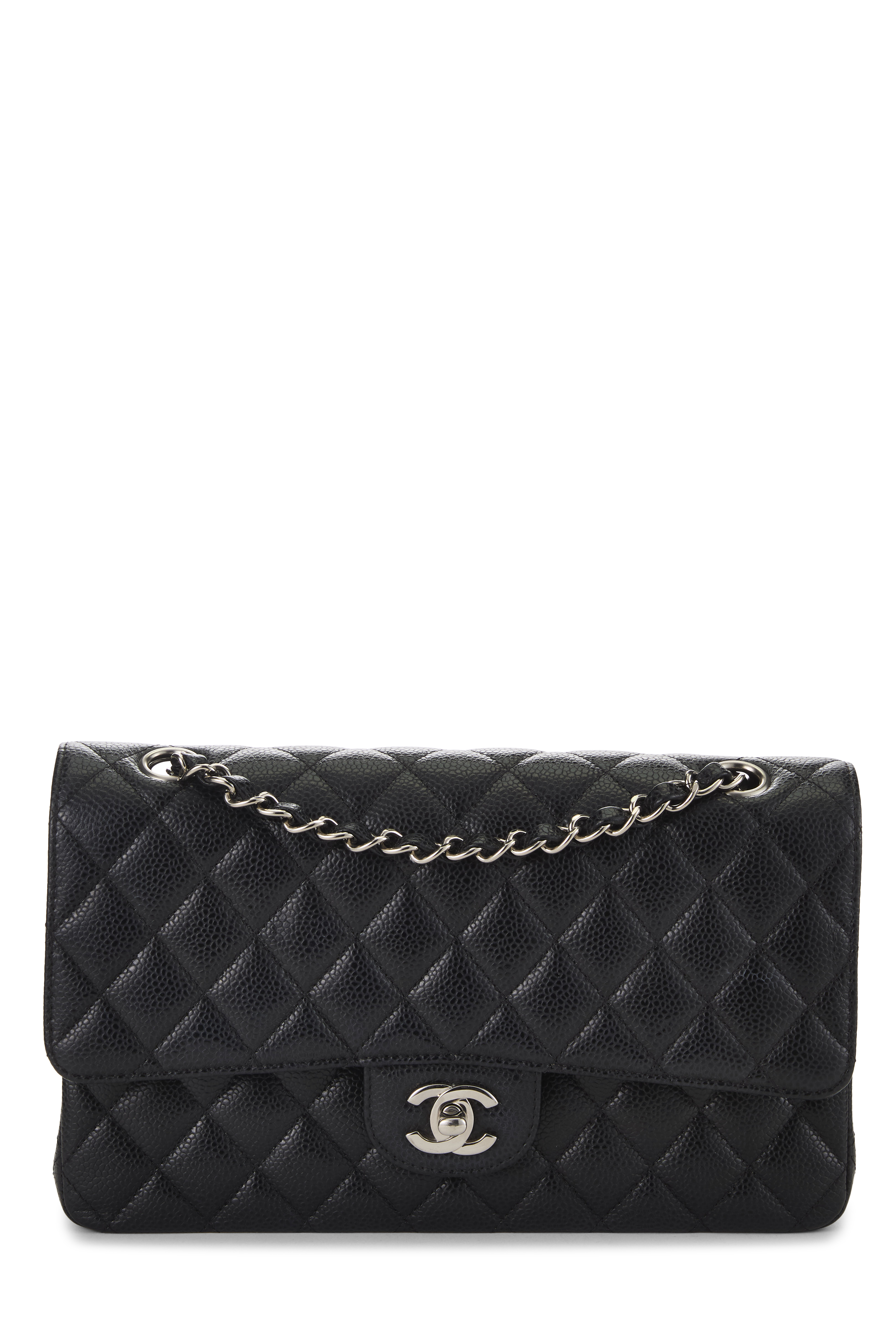 Women's Chanel Black Quilted Caviar Classic Double Flap Medium in Black 10"