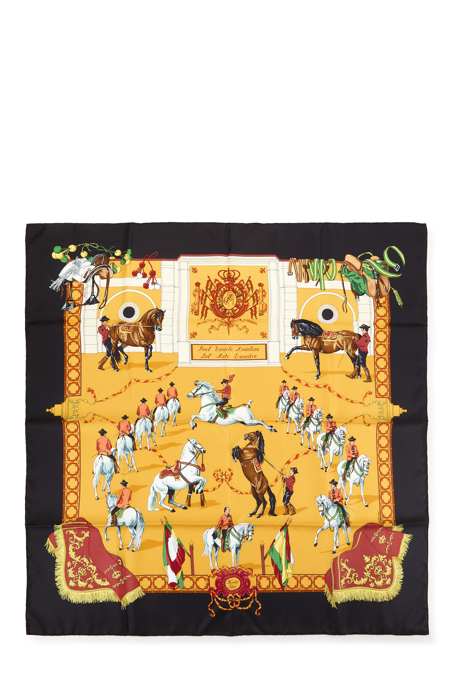 Women's Hermès Black & Multicolor 'Real Escuela Andaluza' Silk Scarf 90 in Black MM