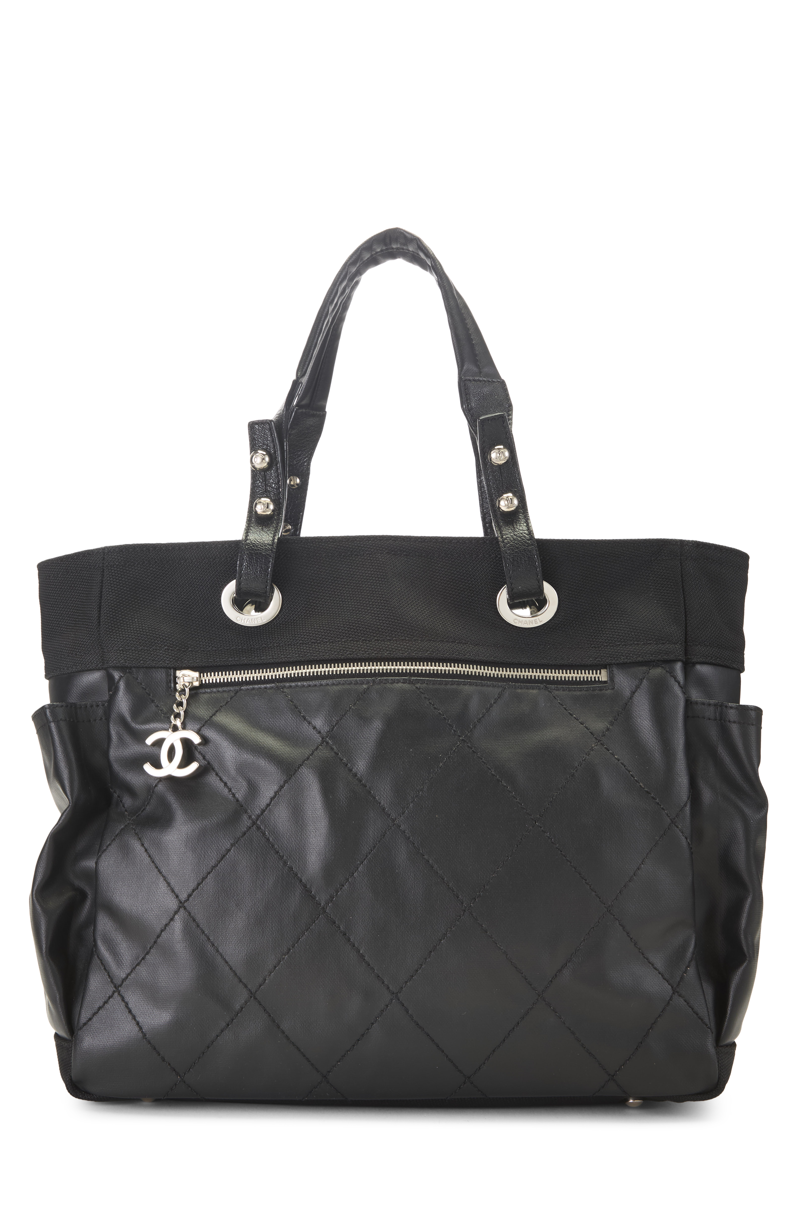 Women's Chanel Black Quilted Coated Canvas Paris Biarritz Tote in Black Large