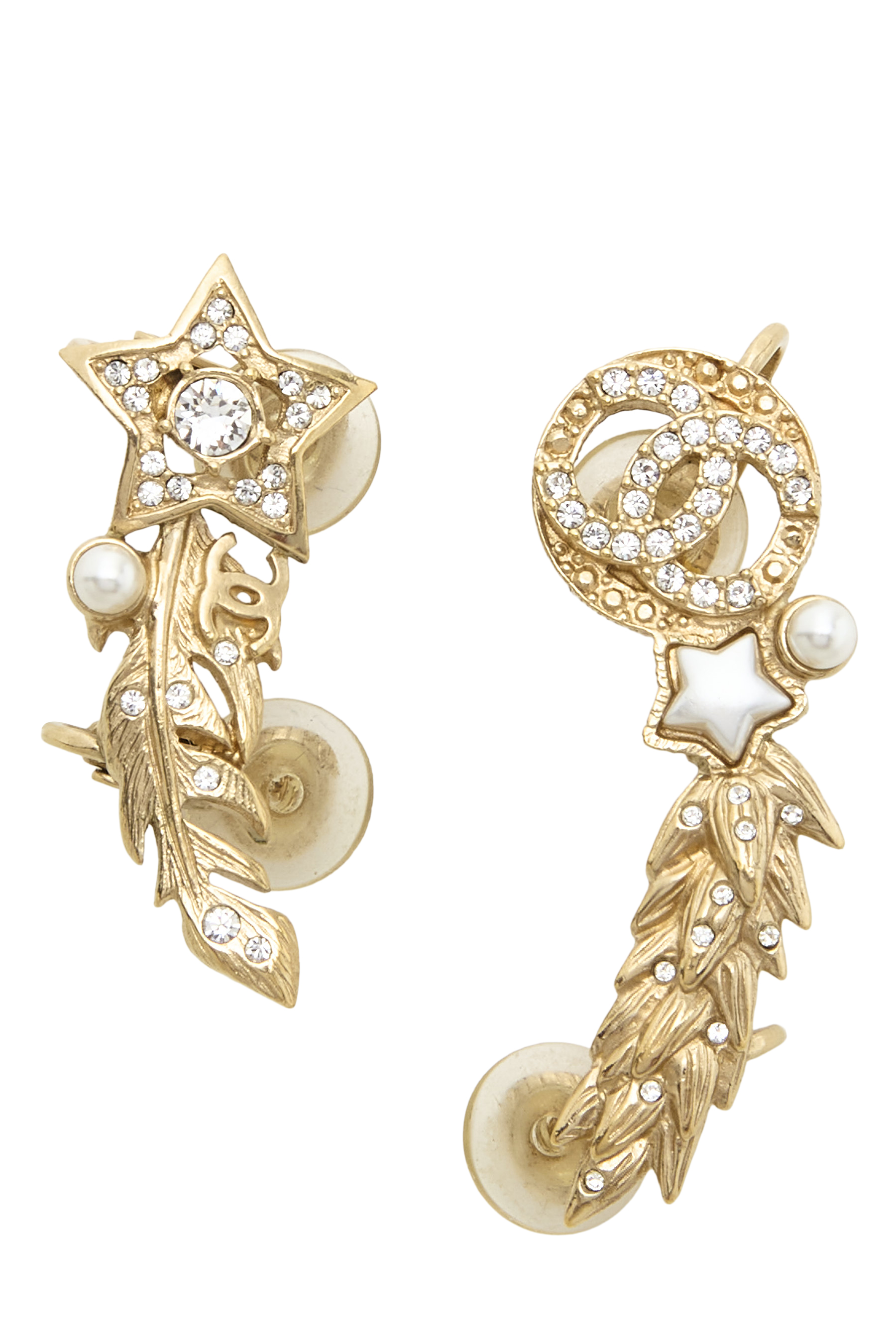 Women's Chanel Gold Crystal 'CC' Star Feather Climber Earring in Gold