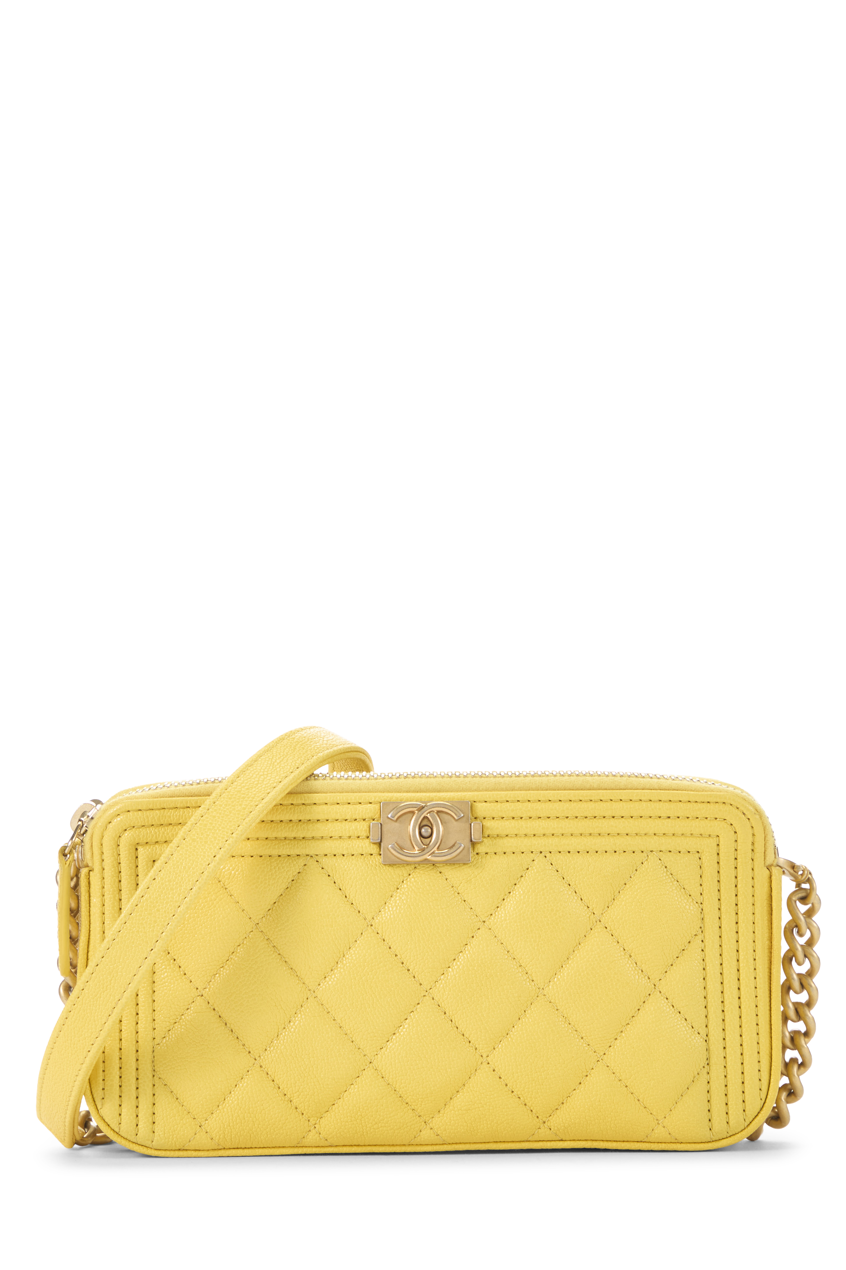 Women's Chanel Yellow Caviar Boy Double Zip Wallet on Chain (WOC) in Yellow