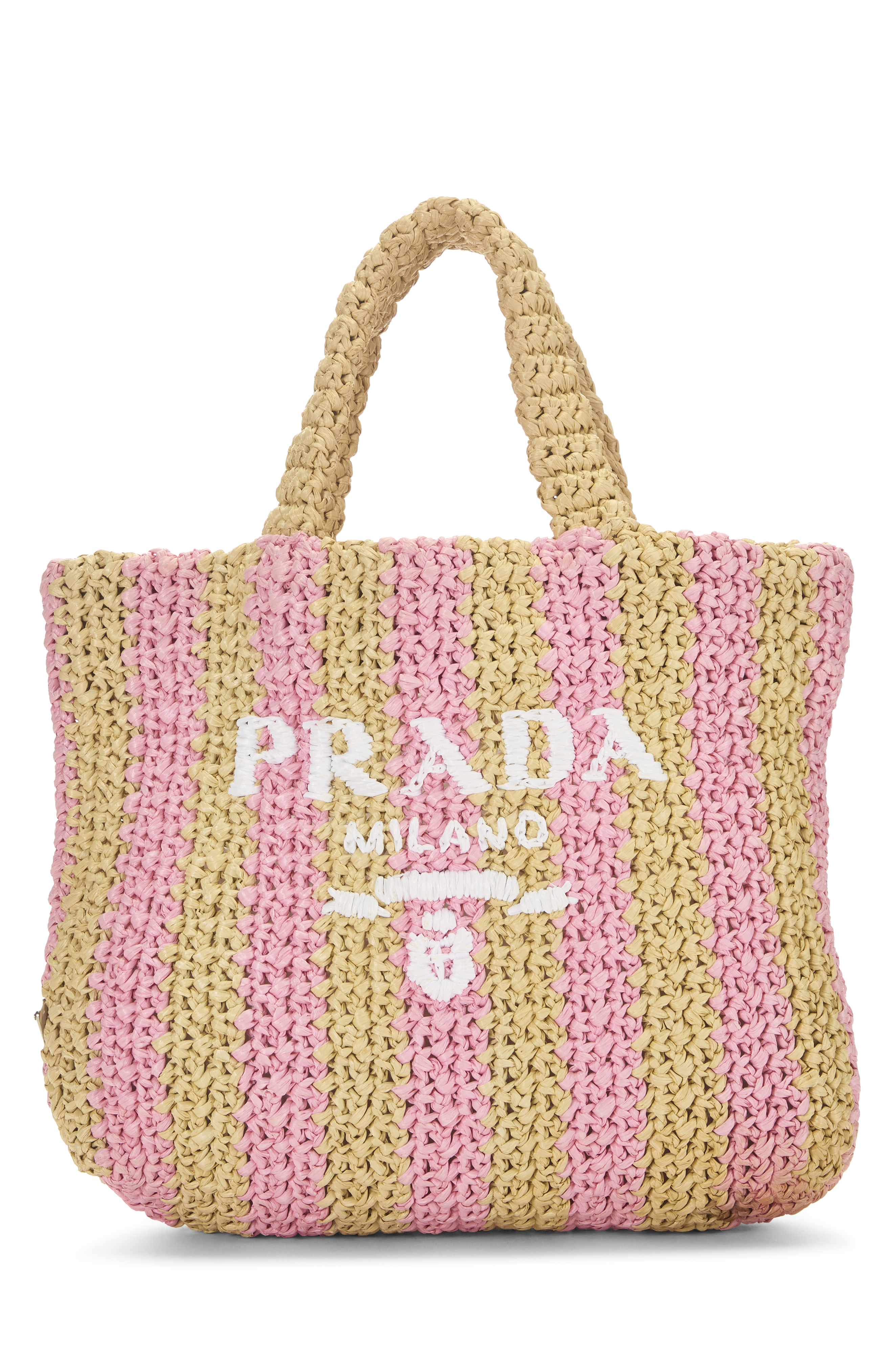 Women's Prada Pink Raffia Logo Tote Small