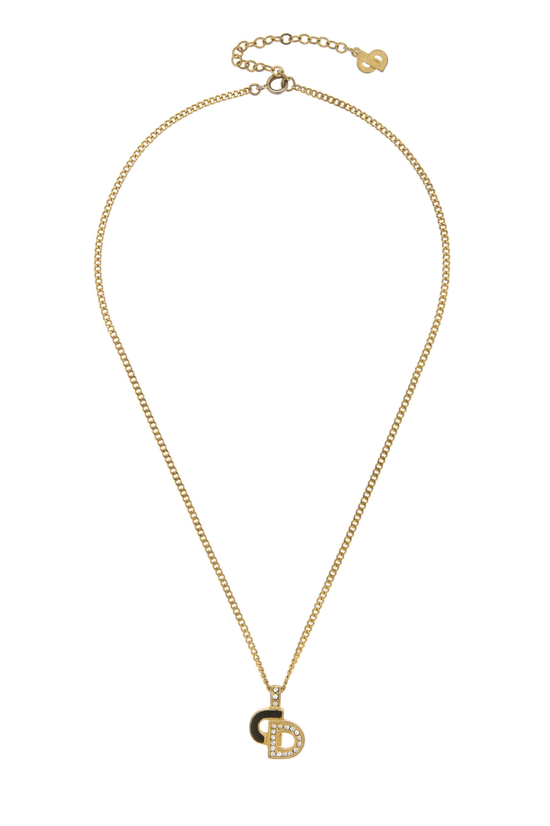 Women's Christian Dior Gold & Black Crystal 'CD' Necklace in Gold