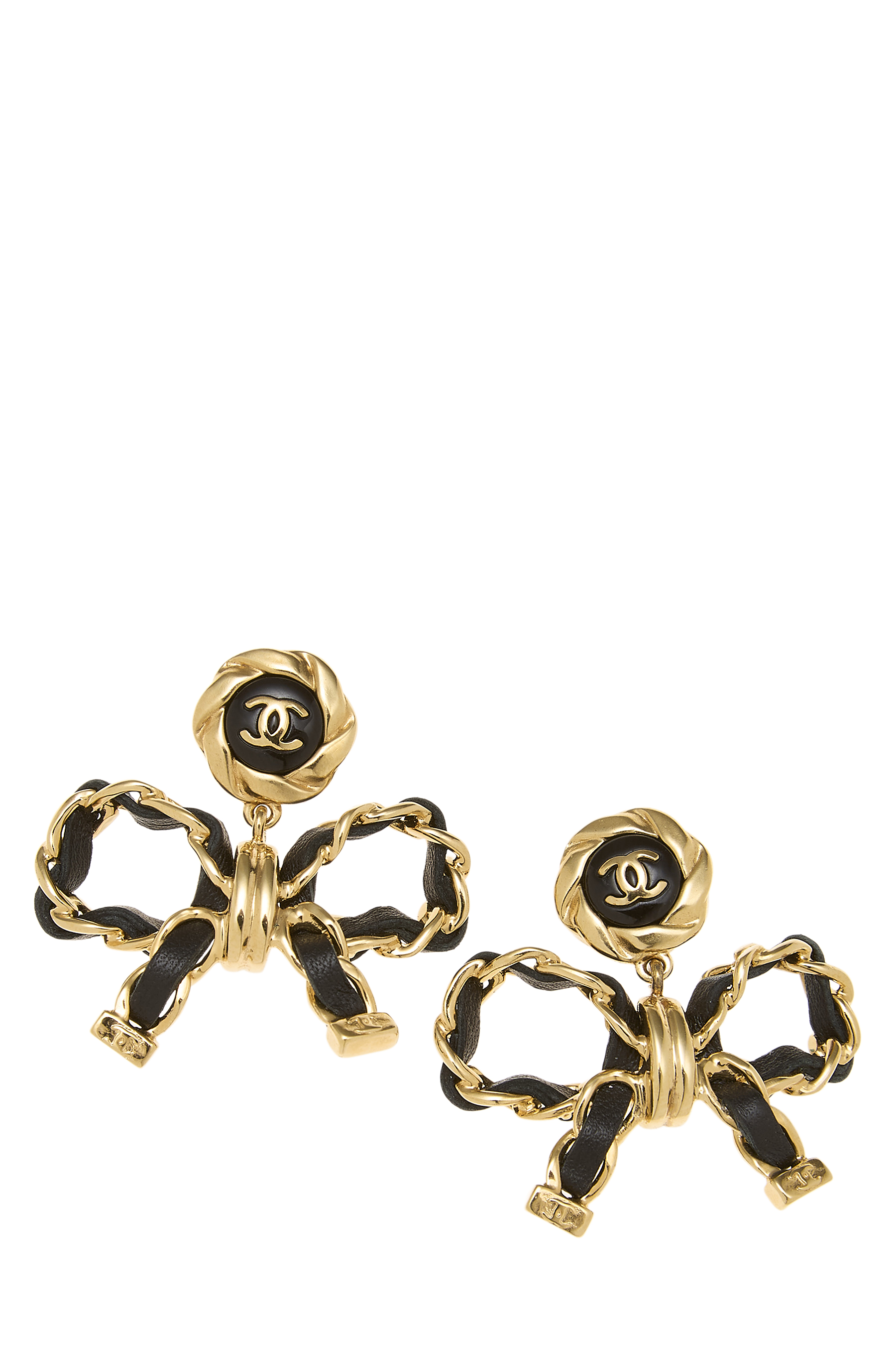 Women's Chanel Gold 'CC' Bow Earrings in Black
