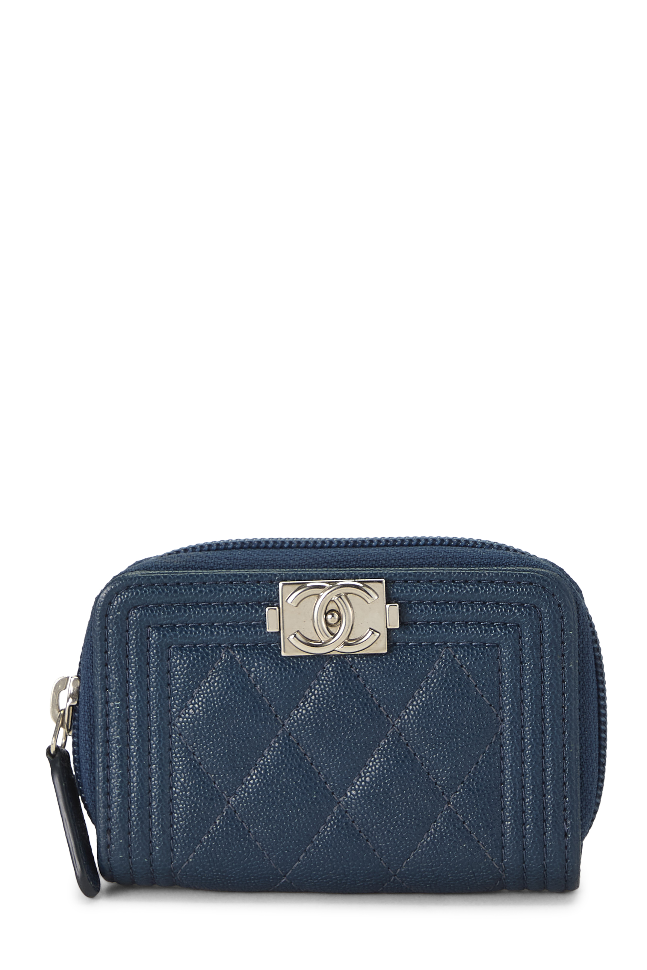 Women's Chanel Blue Quilted Caviar Boy Zip Around Coin Purse in Blue
