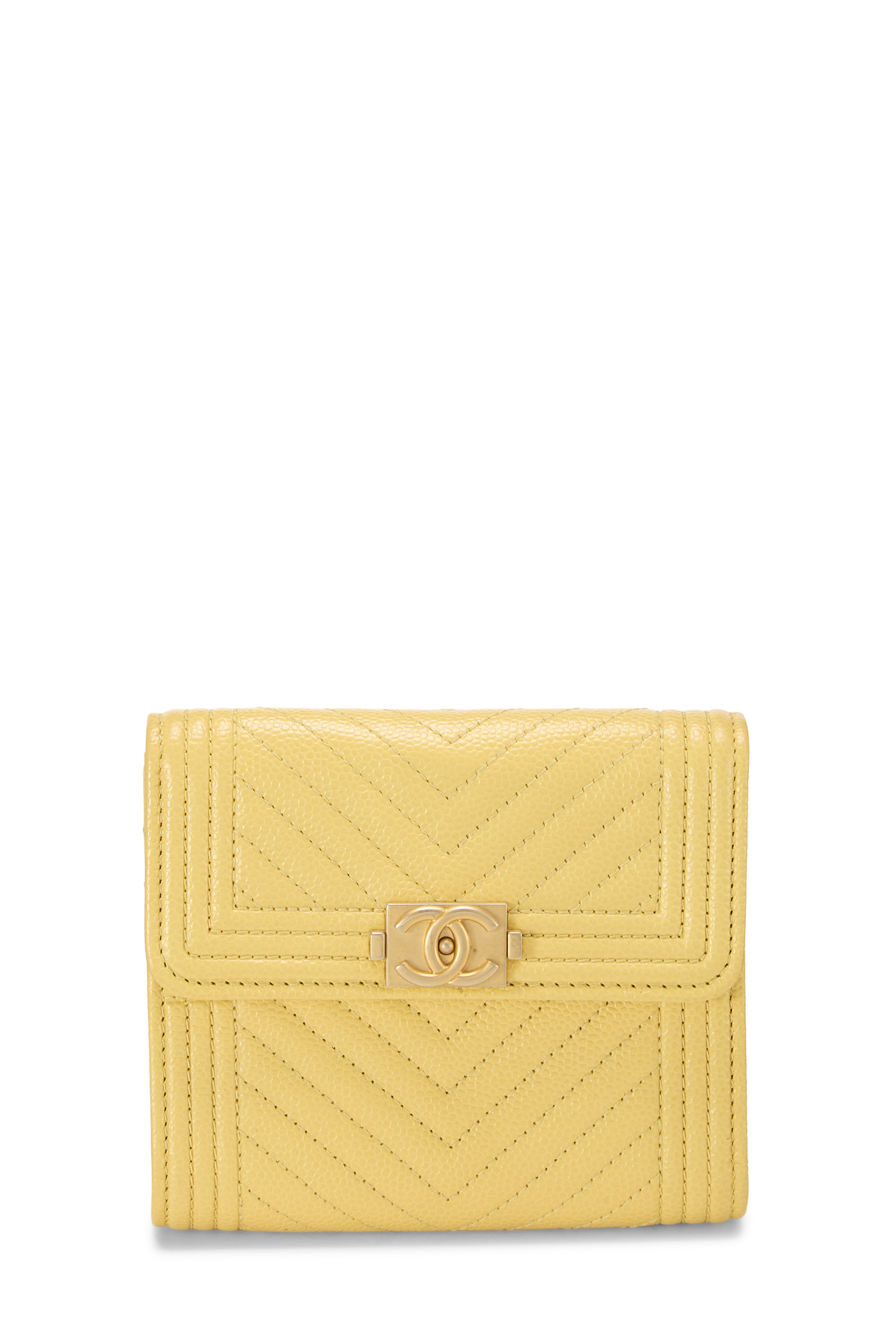 Women's Chanel Yellow Chevron Caviar Boy Compact Wallet in Yellow