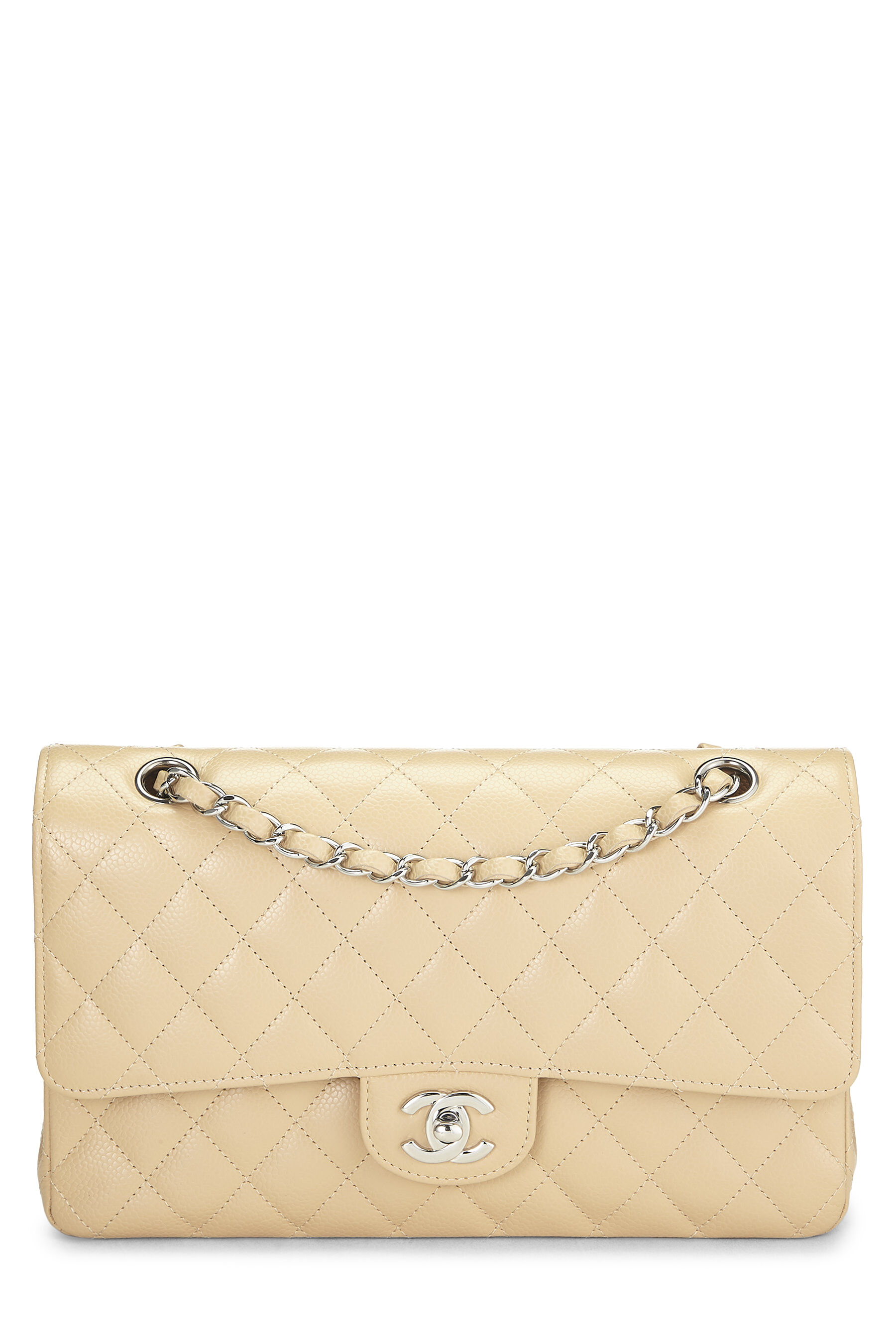 Women's Chanel Beige Quilted Caviar Classic Double Flap Medium in Beige 10"