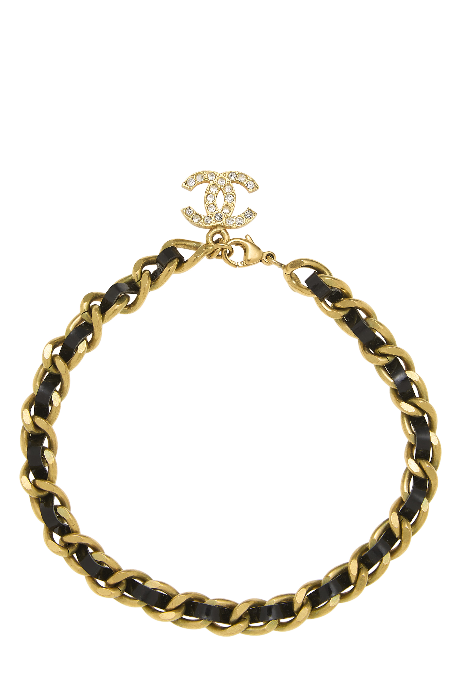 Women's Chanel Gold Leather Looped Crystal 'CC' Anklet in Gold