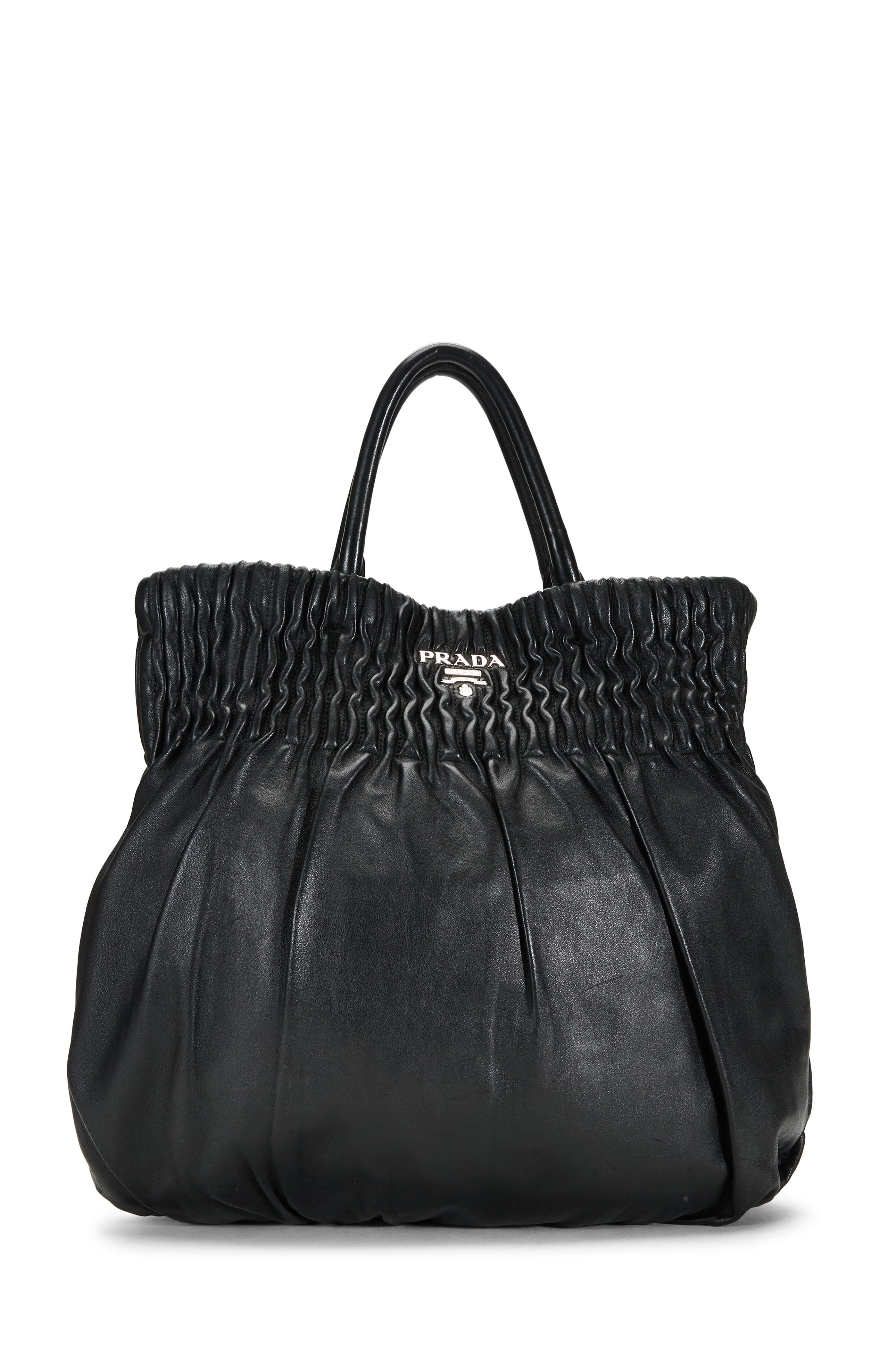 Women's Prada Black Calfskin Pleated Tote Small in Black Small