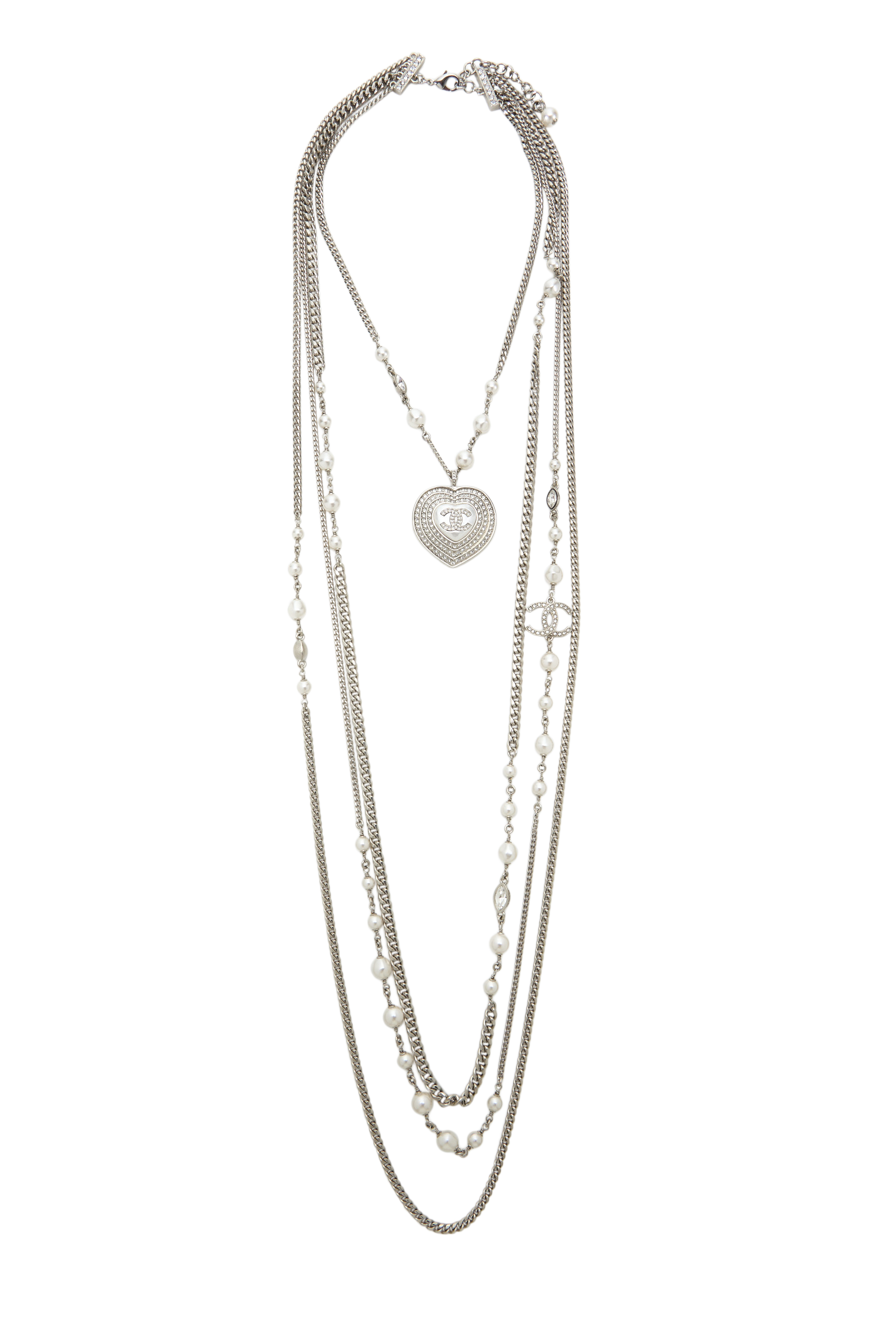 Women's Chanel Silver Crystal 'CC' Faux Pearl Heart Necklace in Silver