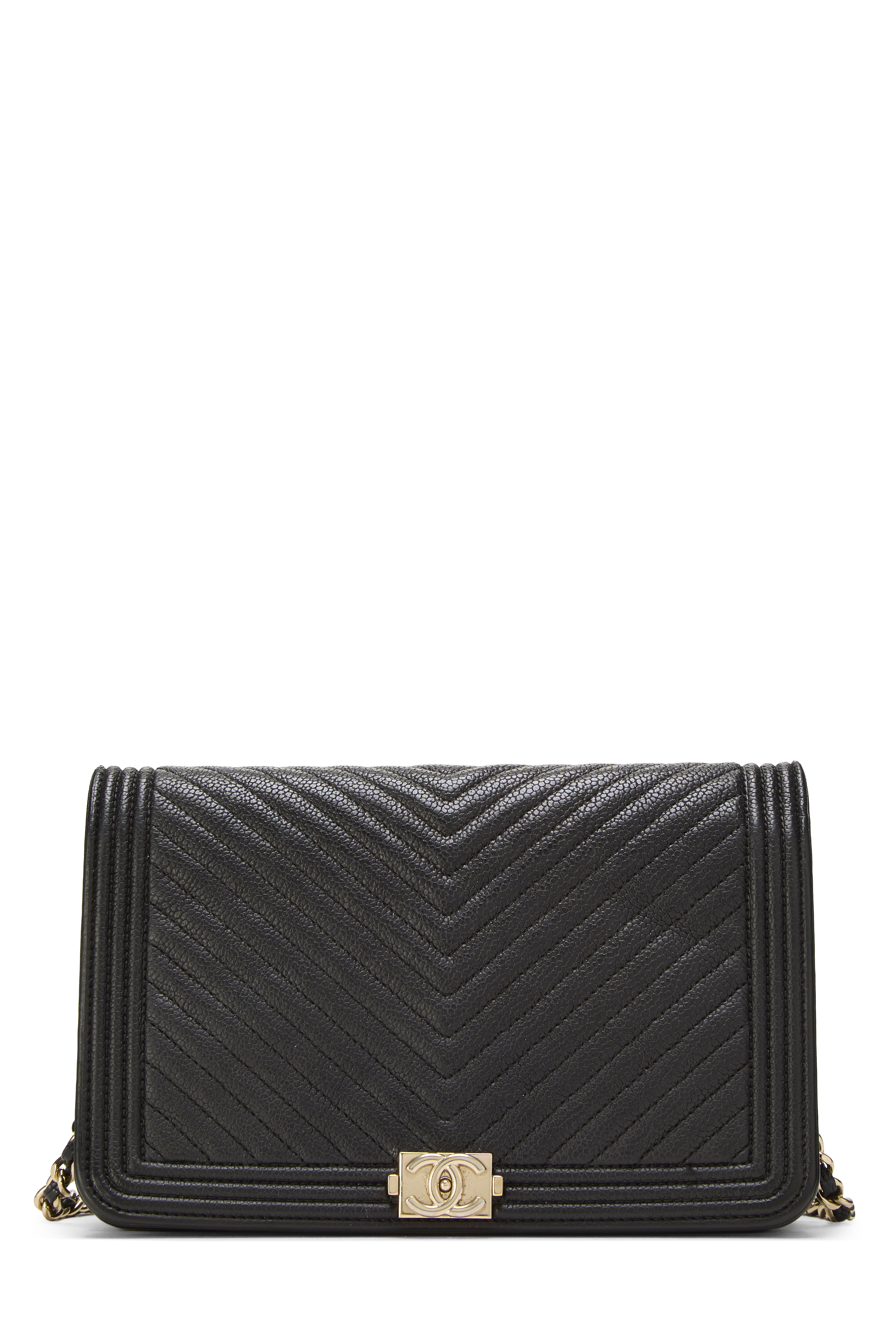 Women's Chanel Black Caviar Chevron Boy Wallet on Chain (WOC) in Black