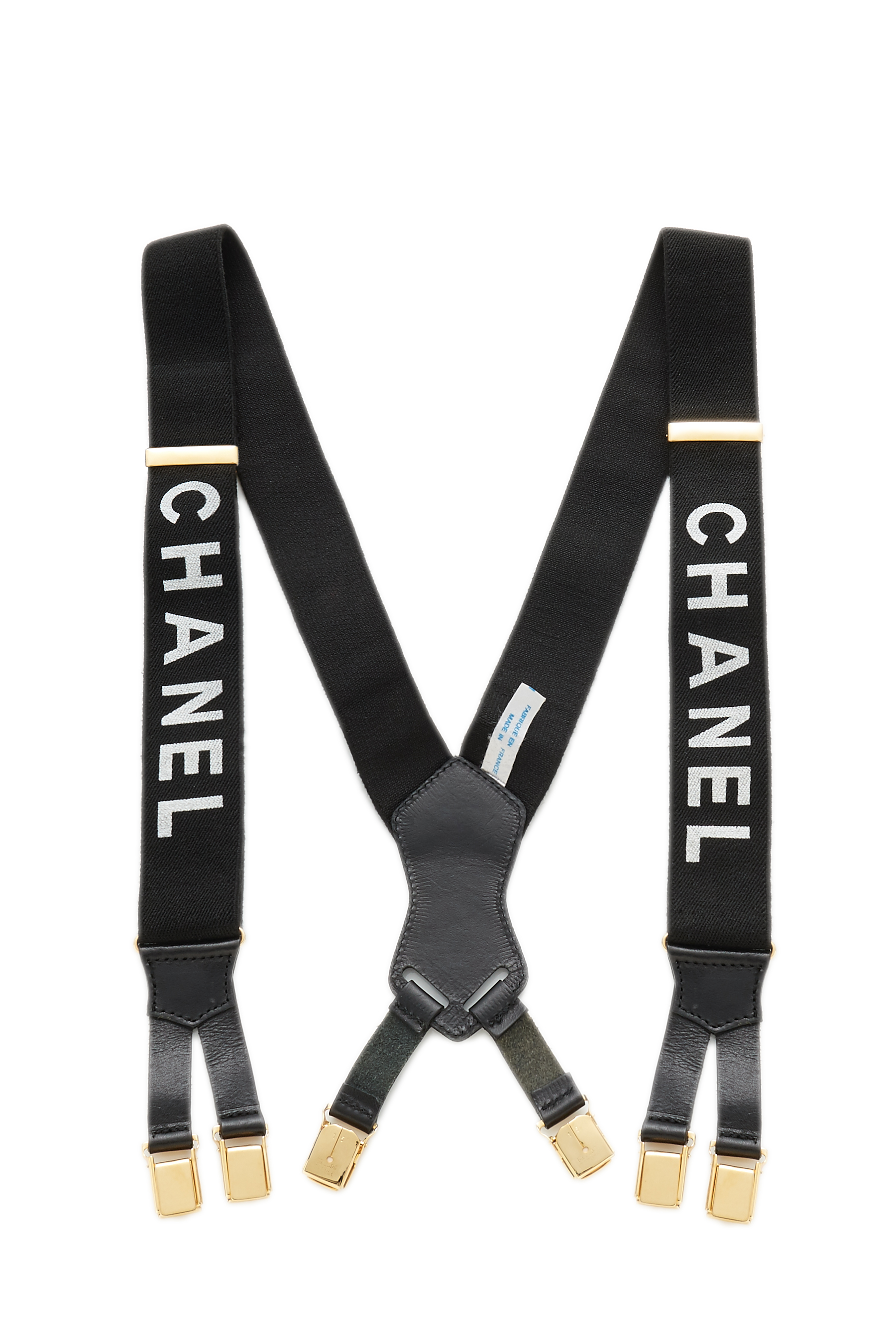 Women's Chanel Black Elastic Logo Suspenders in Black