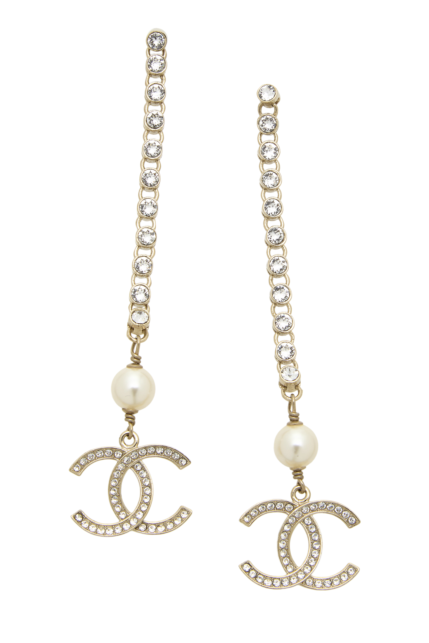 Women's Chanel Gold Crystal 'CC' Faux Pearl Dangle Earrings in Gold
