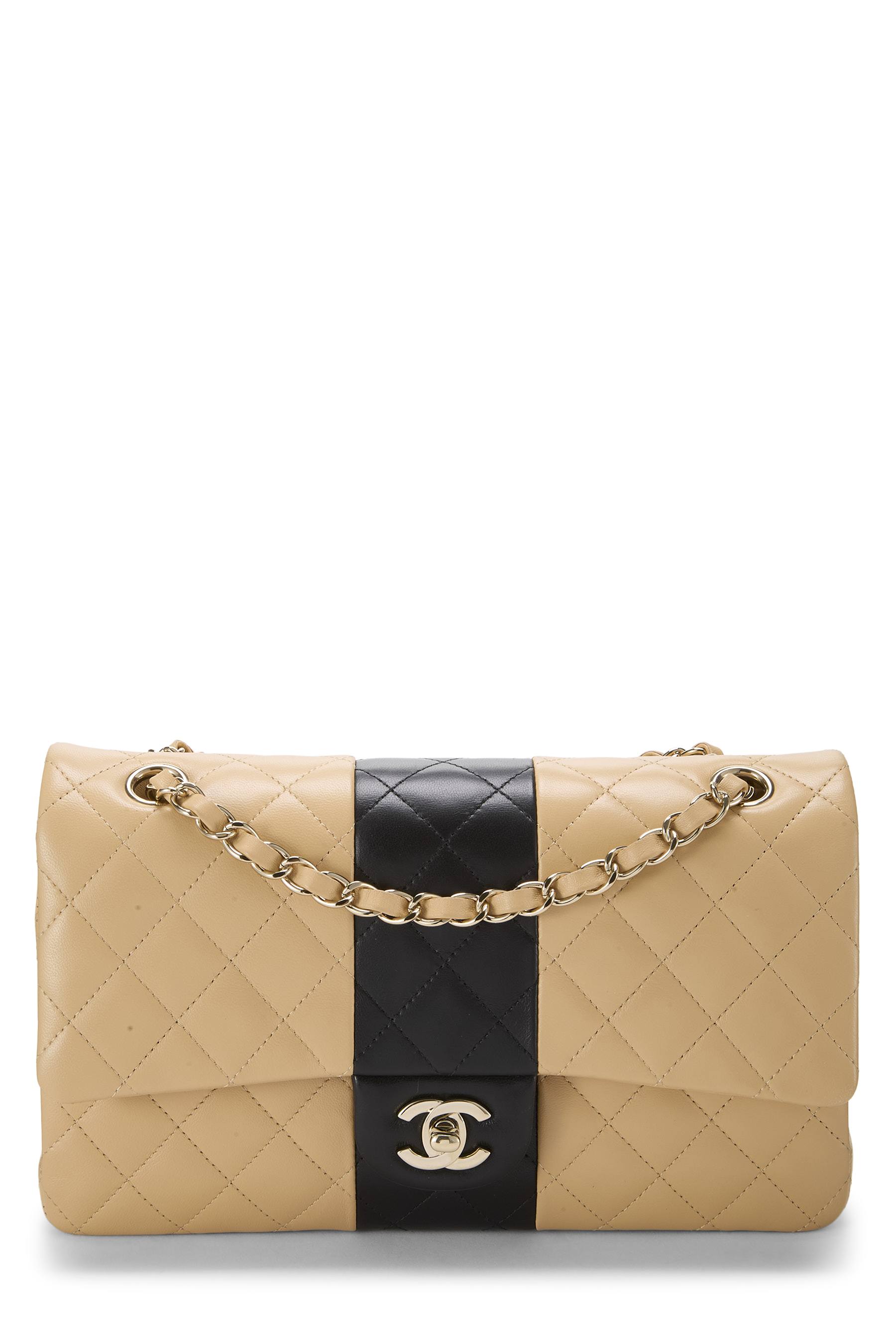 Women's Chanel Beige & Black Quilted Lambskin Classic Double Flap Medium in Multi 10"