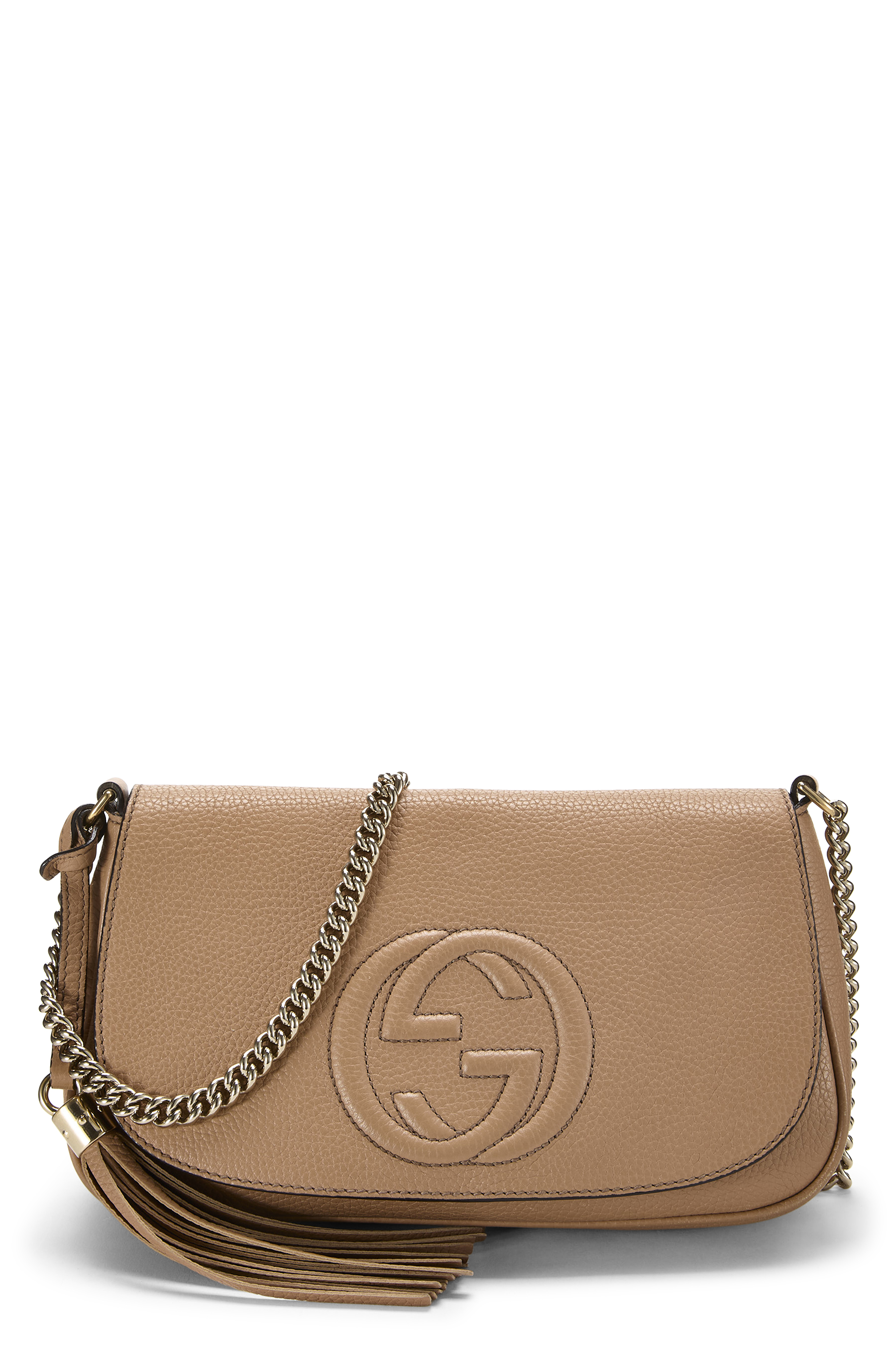Women's Gucci Beige Grained Leather Soho Chain Flap Crossbody in Beige