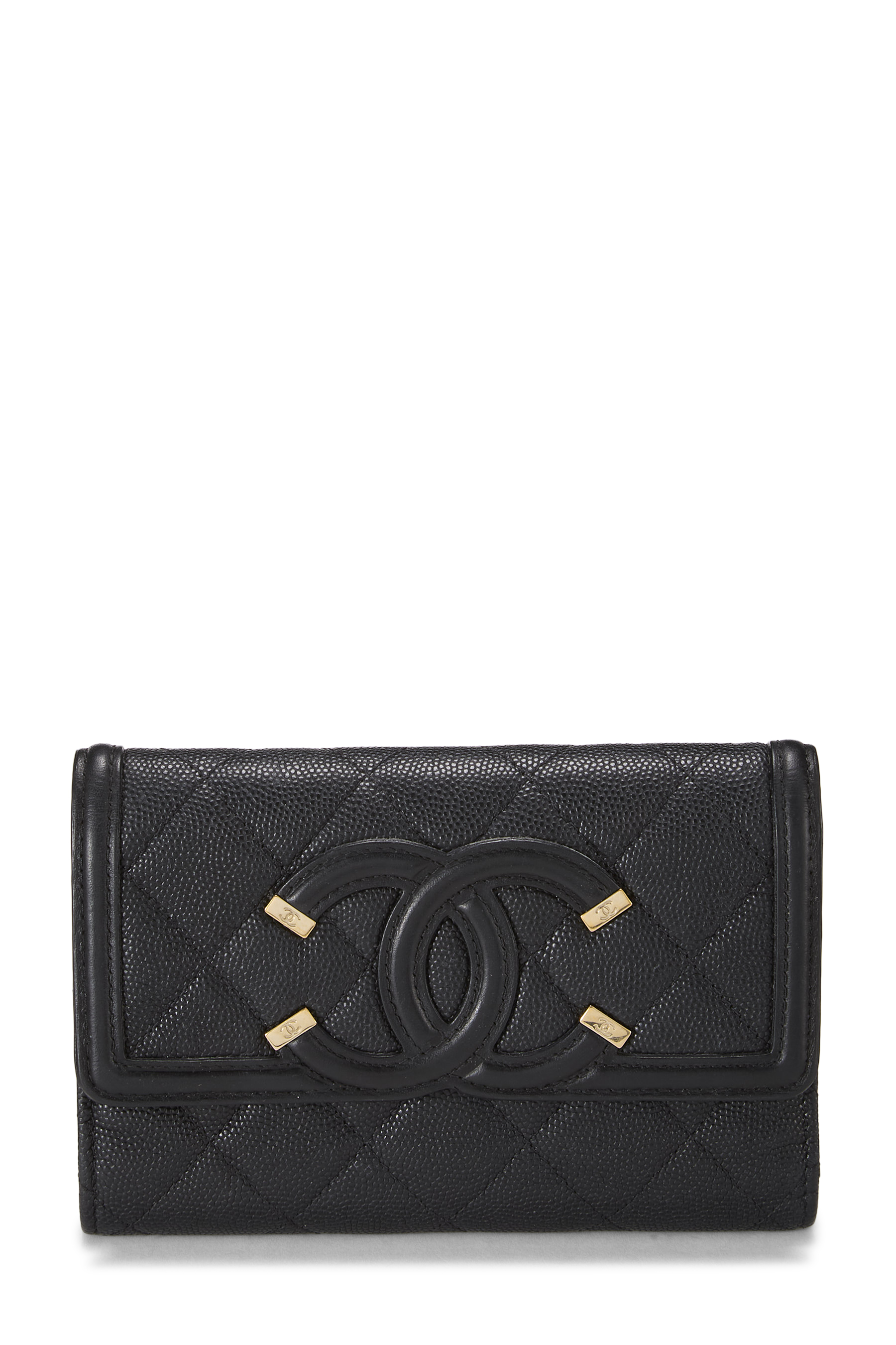 Women's Chanel Black Caviar 'CC' Filigree Long Flap Wallet in Black