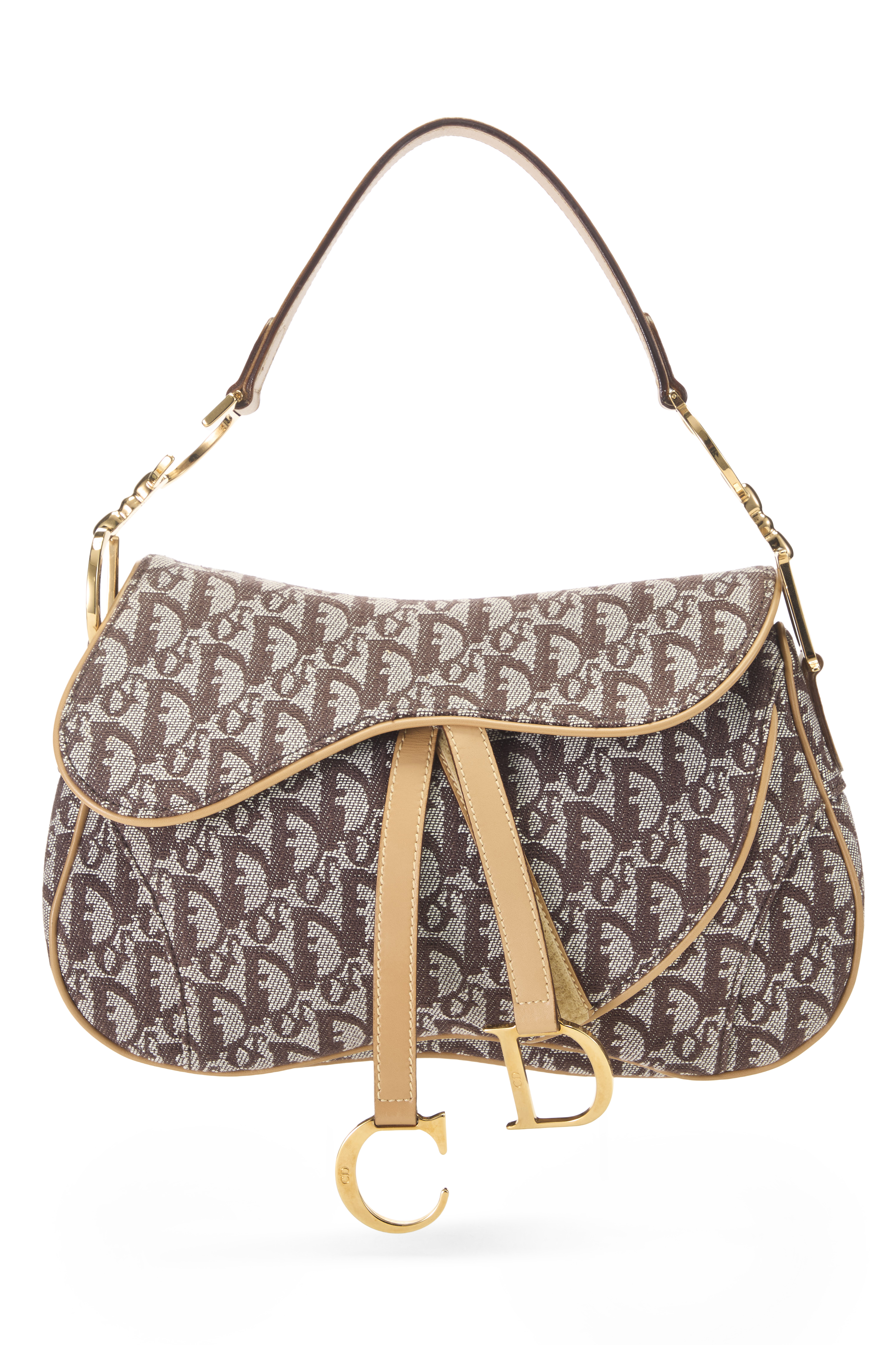 Women's Christian Dior Brown Trotter Canvas Double Saddle Bag in Brown