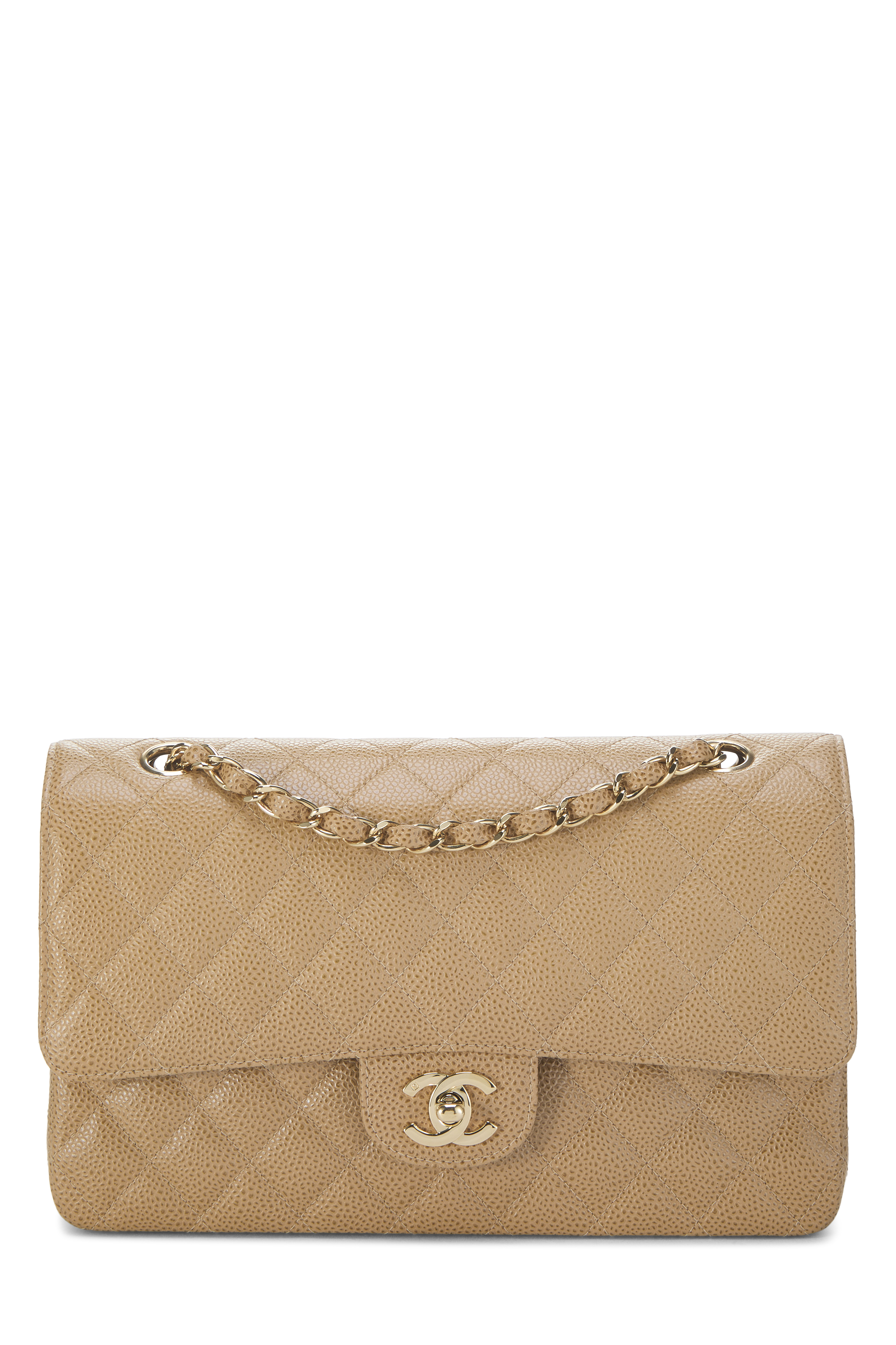 Women's Chanel Beige Quilted Caviar Classic Double Flap Medium in Beige 10"