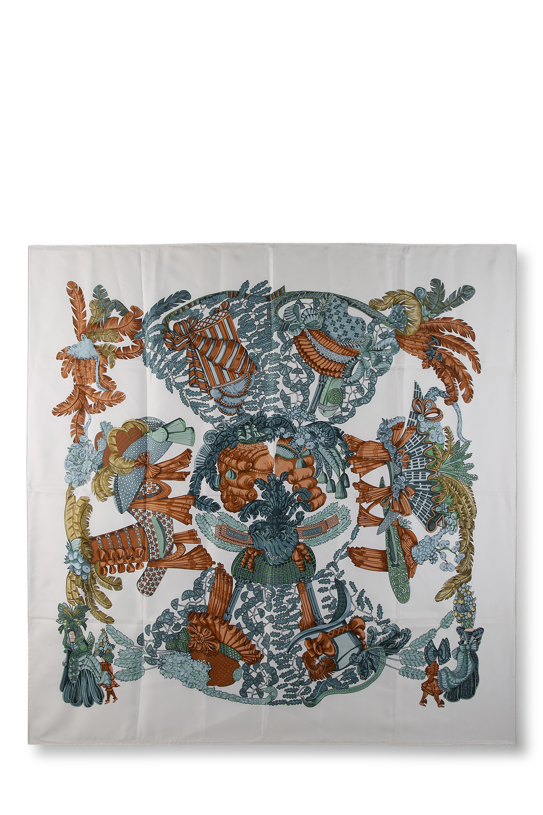 Women's Hermès White & Multicolor 'Chapeau' Silk Scarf 90 in White