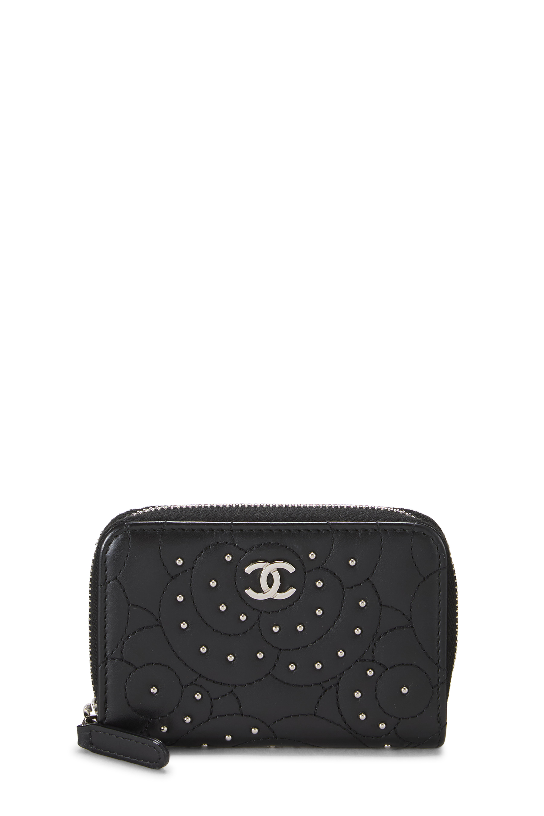 Women's Grosgrain Chanel Black Studded Camellia Coin Purse in Black